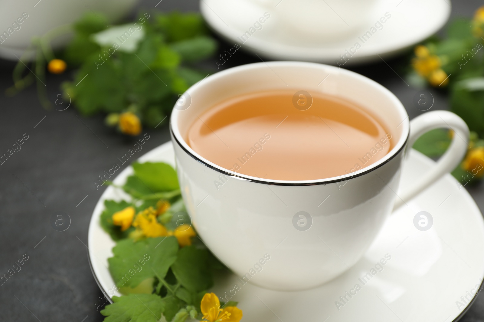 Photo of Cup of aromatic celandine tea and flowers on black table, closeup