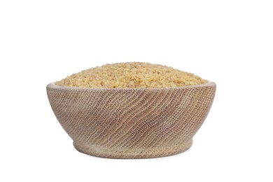 Wooden bowl with uncooked bulgur isolated on white