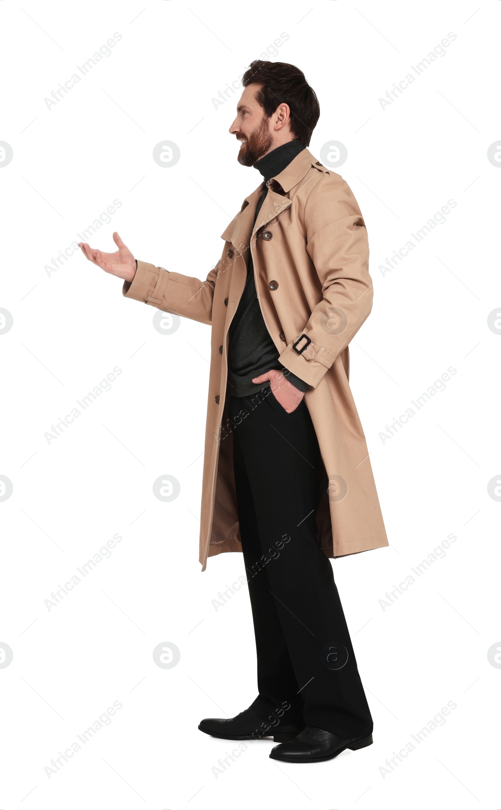 Photo of Handsome man greeting someone on white background