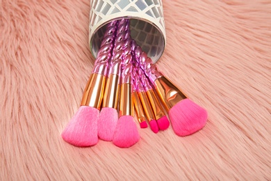 Organizer with set of professional makeup brushes on furry fabric