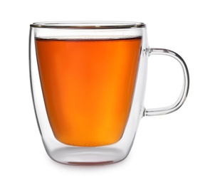 Glass cup of hot tea isolated on white