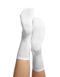 Photo of Woman in stylish socks on white background, closeup