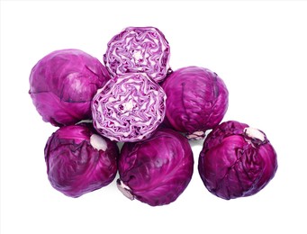 Whole and cut red cabbages on white background, top view