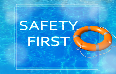 Image of Safety first. Life buoy in swimming pool with clean blue water 