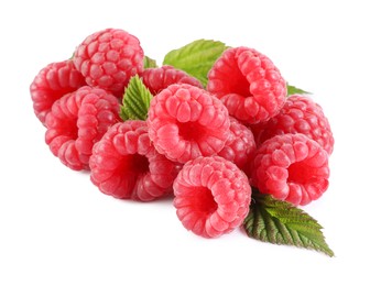 Many fresh ripe raspberries and green leaves isolated on white