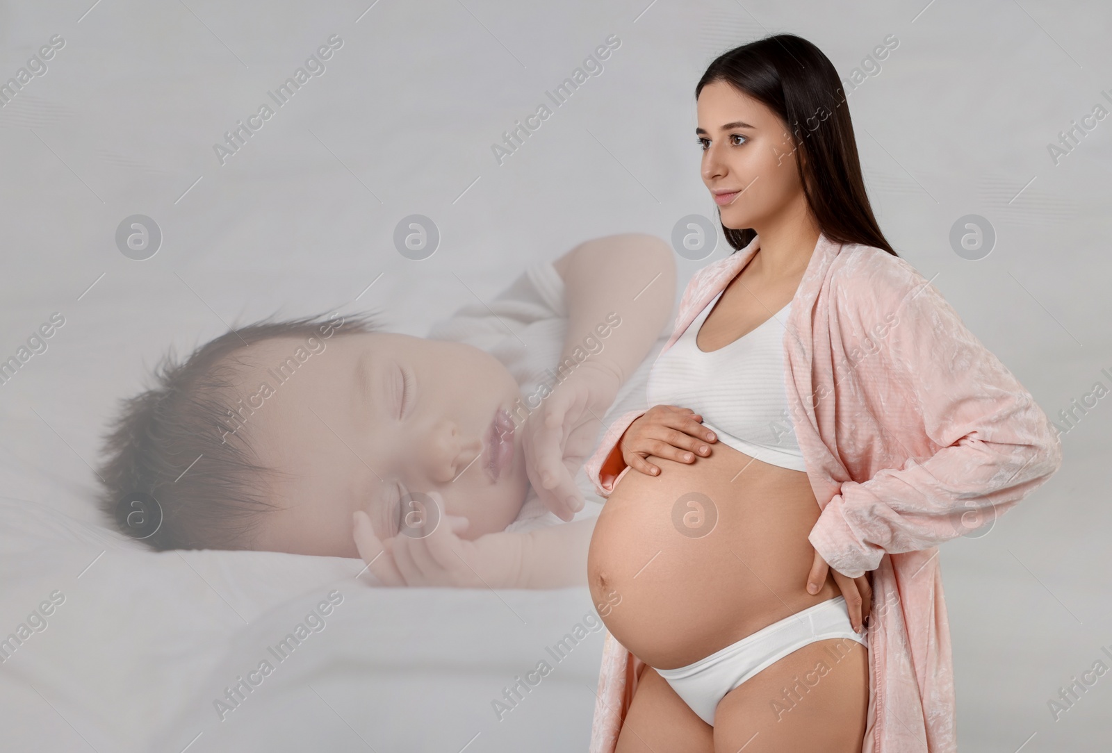 Image of Double exposure of pregnant woman and cute baby on light background