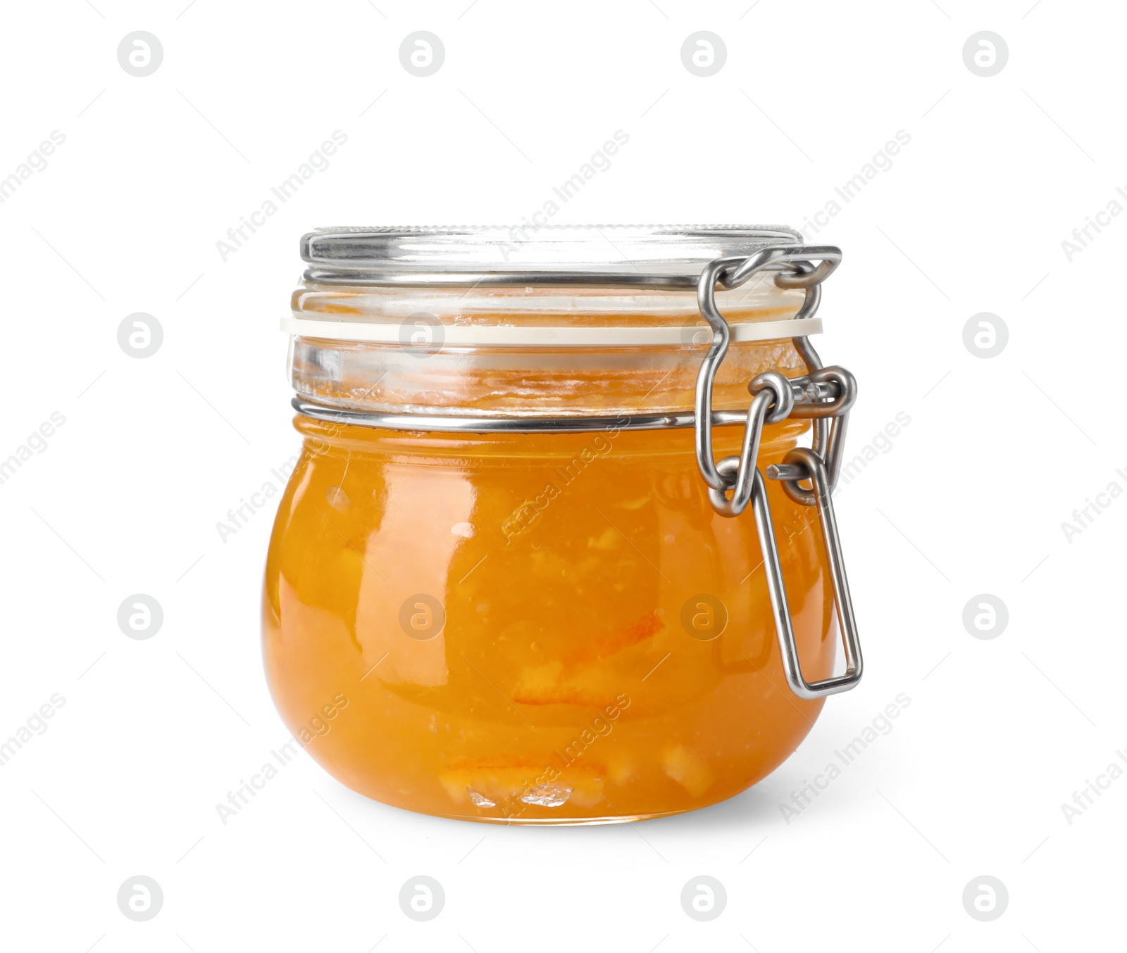 Photo of Jar of orange jam isolated on white