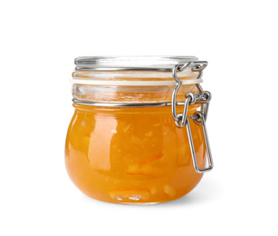 Photo of Jar of orange jam isolated on white