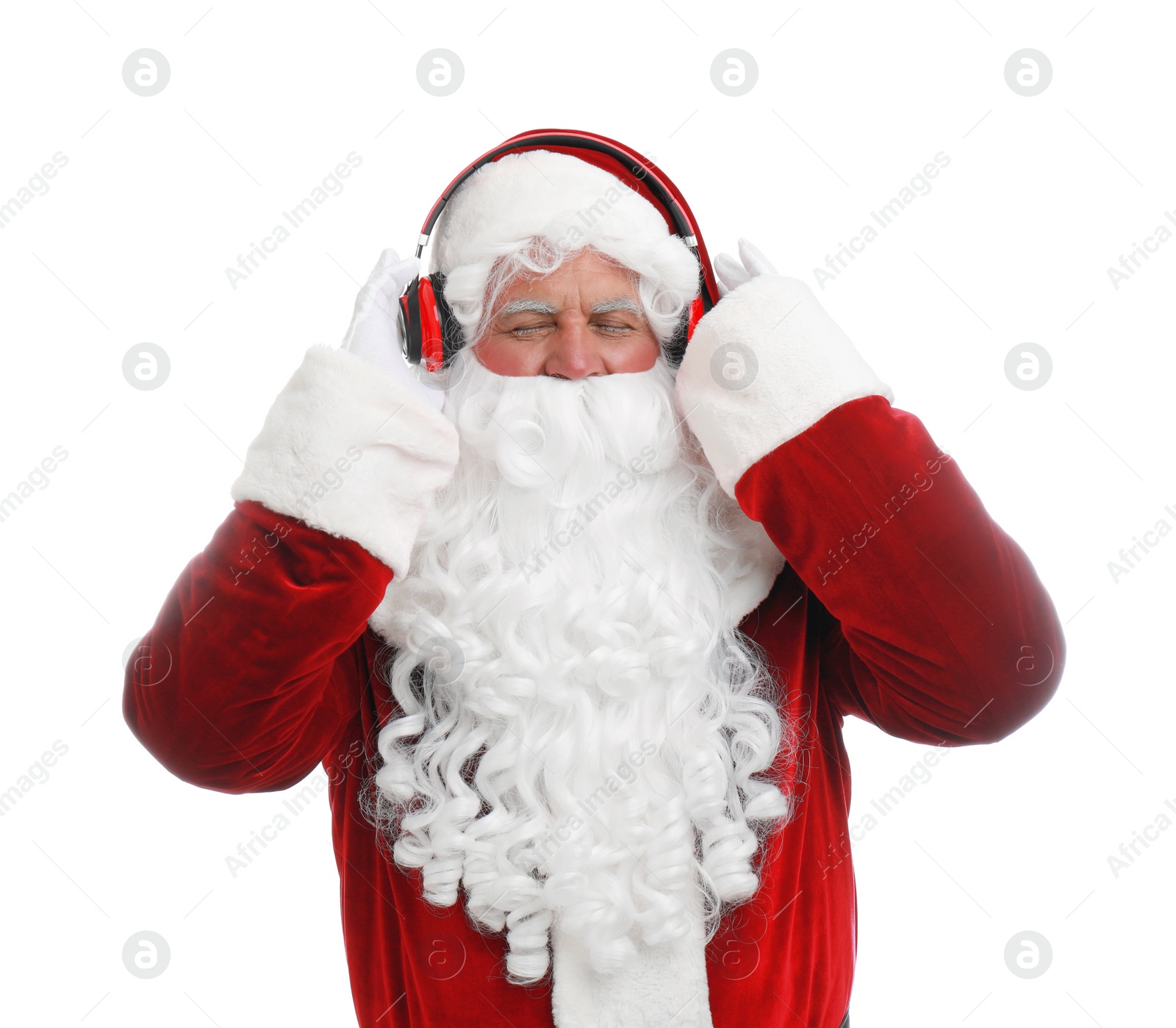 Photo of Santa Claus listening to Christmas music on white background