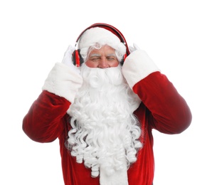 Photo of Santa Claus listening to Christmas music on white background