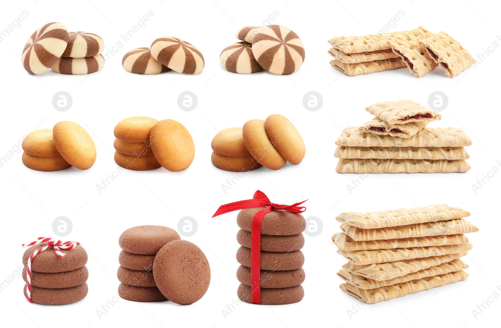 Image of Set of different delicious cookies on white background 