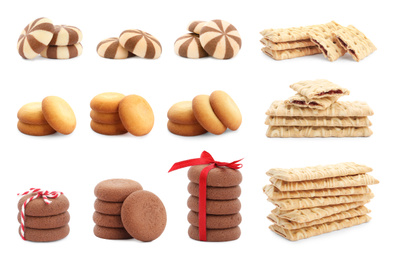 Set of different delicious cookies on white background 