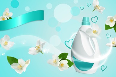Image of Fabric softener advertising design. Bottle of conditioner and jasmine flowers on light blue background