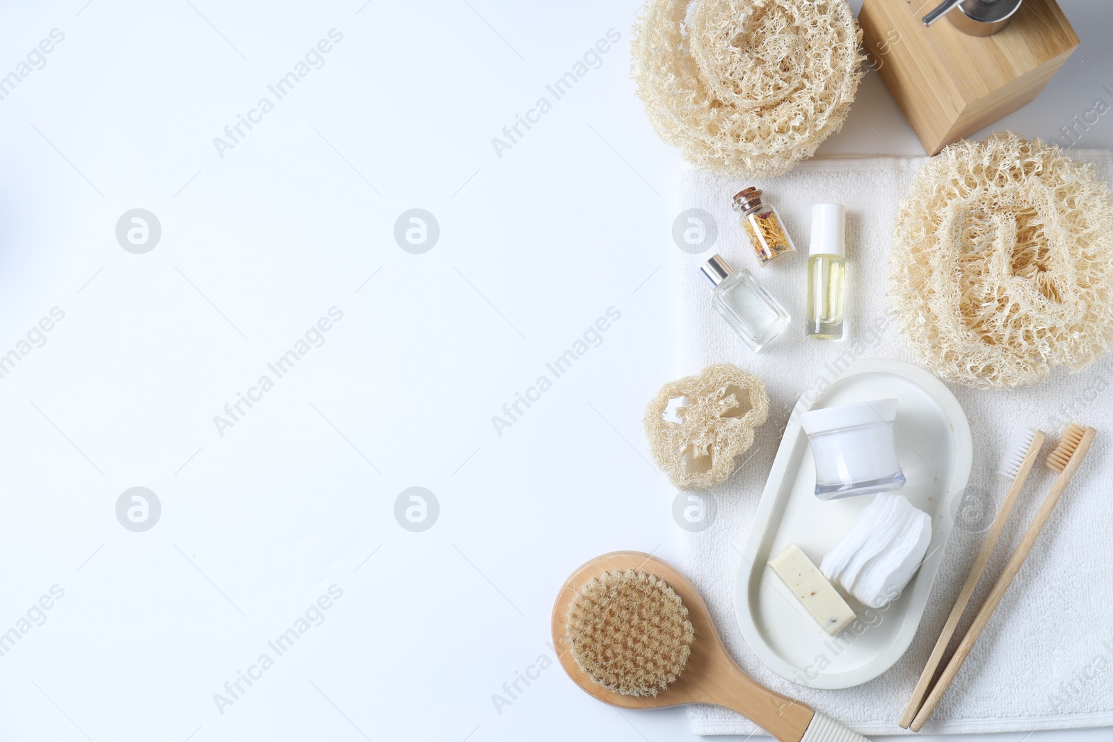 Photo of Bath accessories. Flat lay composition with personal care products on white background, space for text