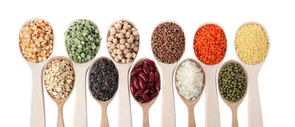 Photo of Different types of legumes and cereals on white background, top view. Organic grains
