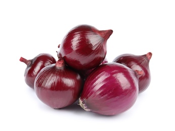 Photo of Fresh whole red onions on white background