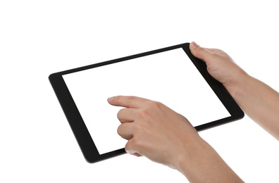 Photo of Woman using tablet computer with blank screen on white background, closeup. Modern gadget