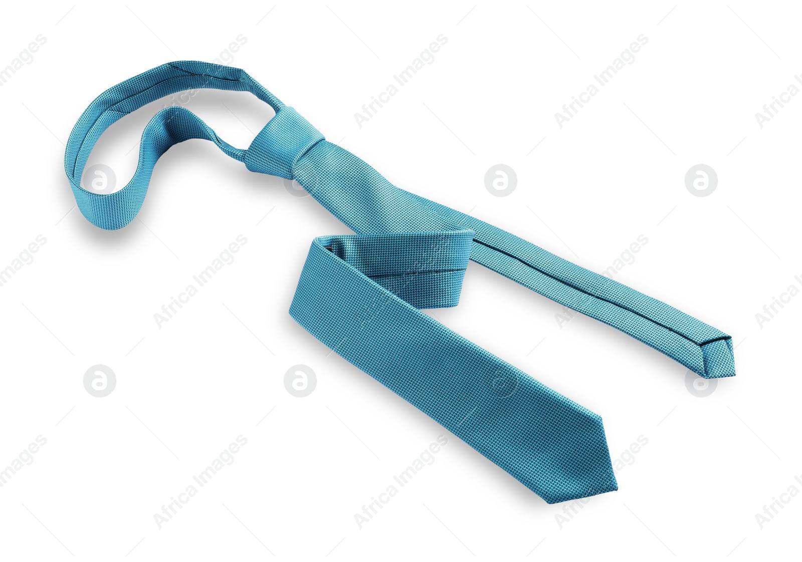 Photo of One light blue necktie isolated on white, above view