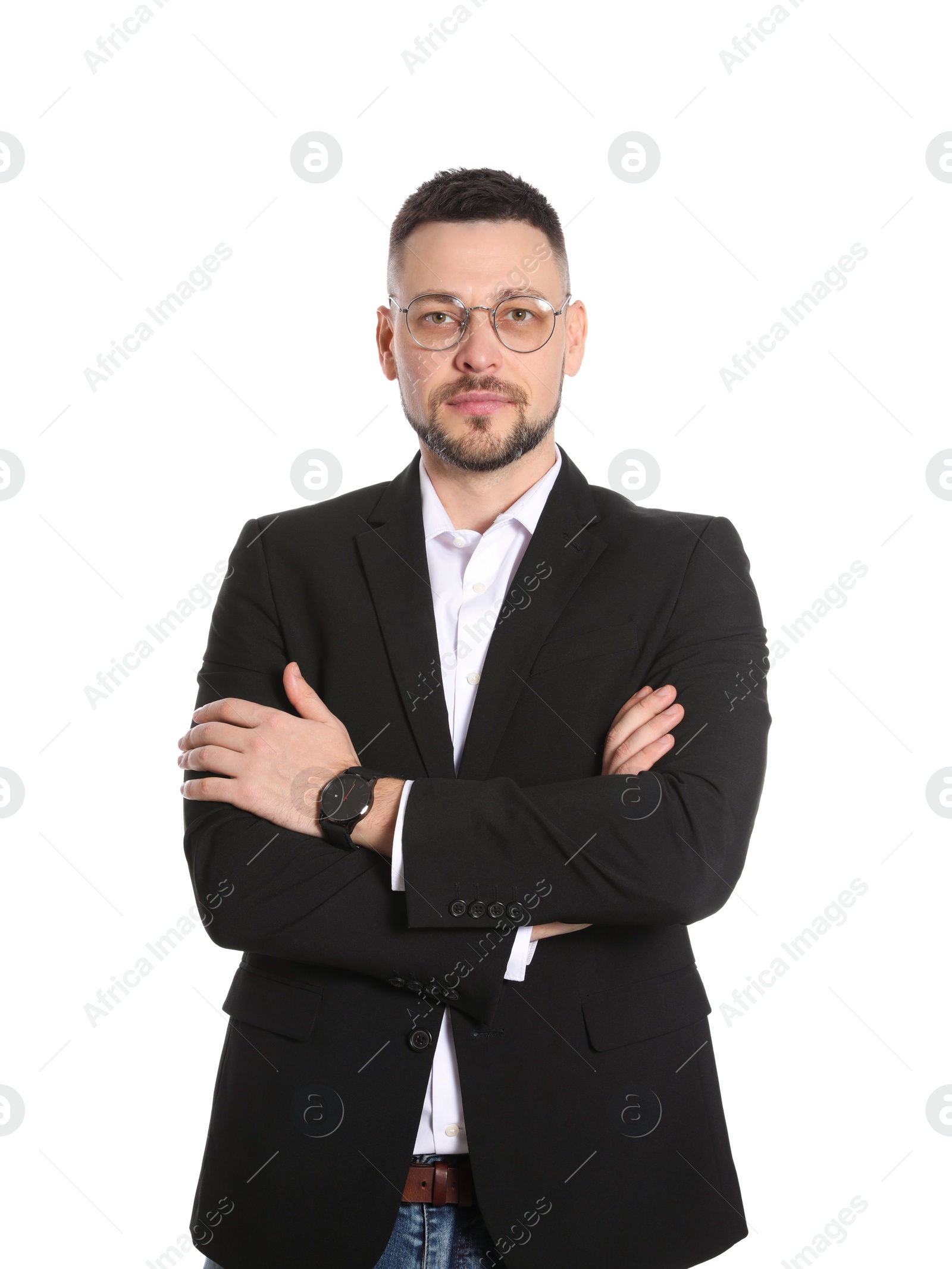 Photo of Confident businessman in glasses on white background