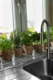 Different aromatic potted herbs on window sill near kitchen sink