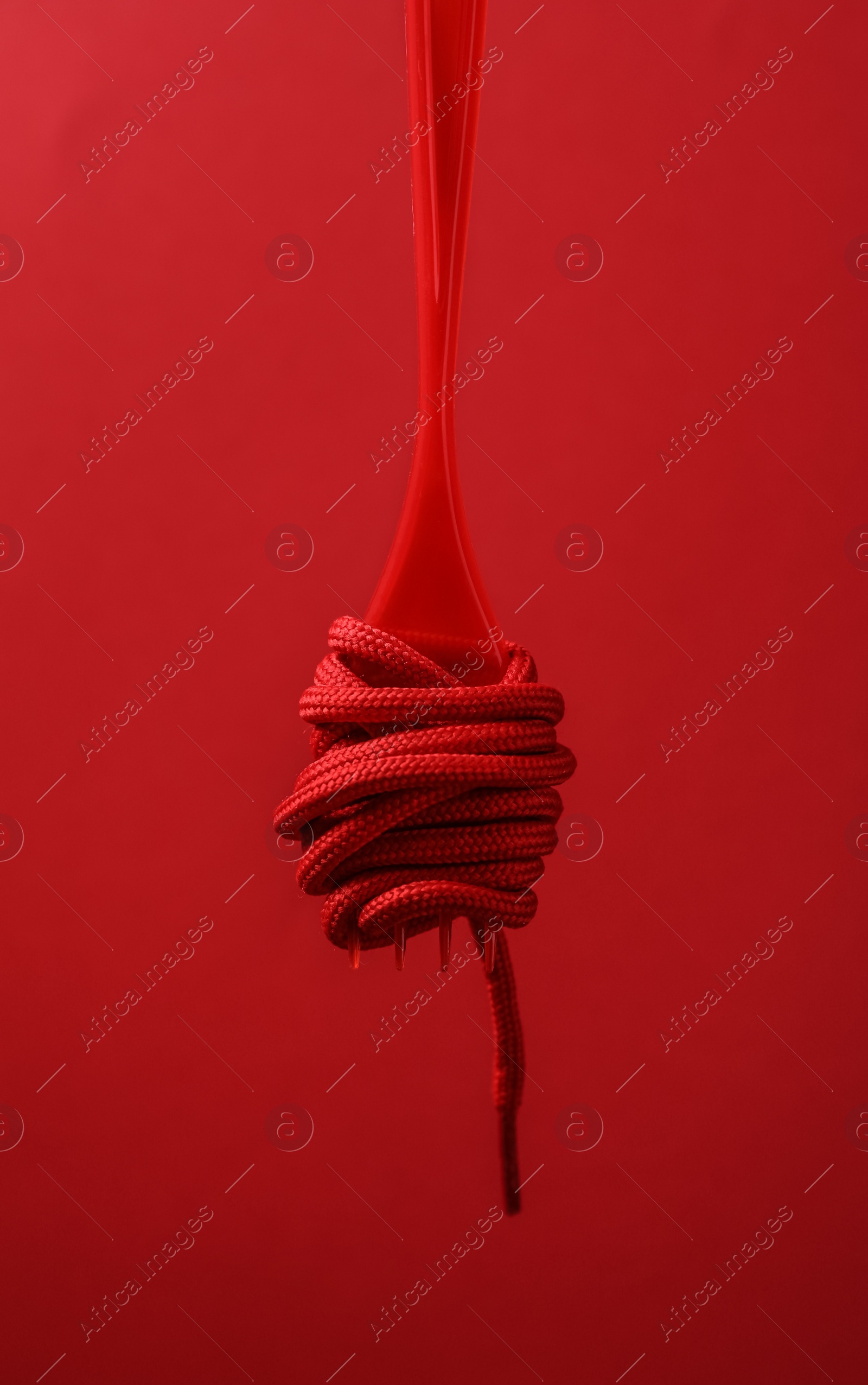 Photo of Shoelace on plastic fork against red background