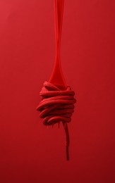 Photo of Shoelace on plastic fork against red background