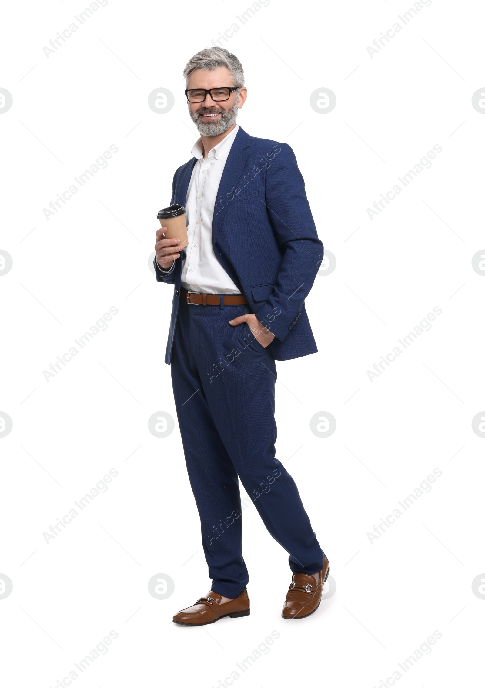 Photo of Mature businessman in stylish clothes with cup of drink on white background