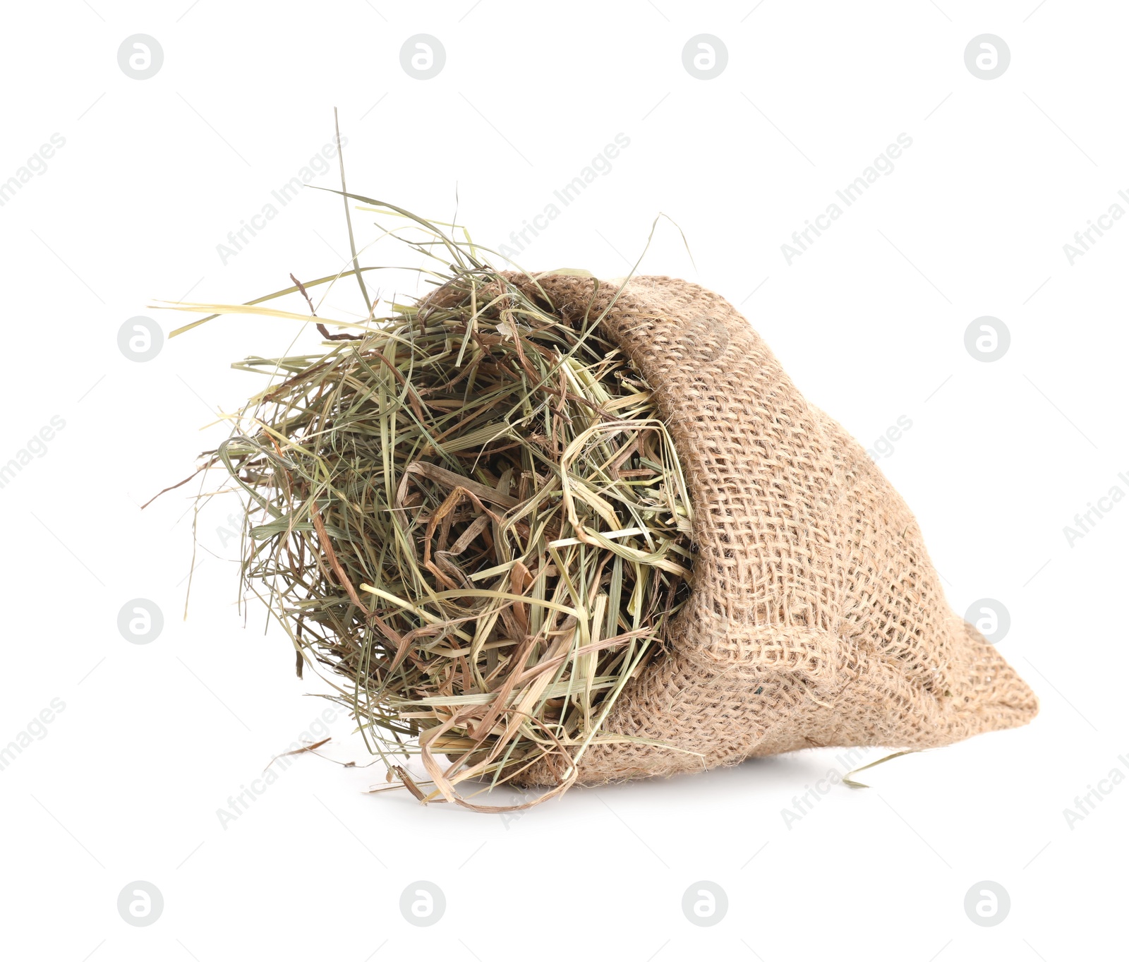 Photo of Dried hay in burlap sack isolated on white