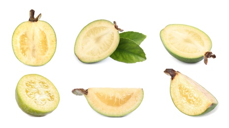 Set of fresh ripe feijoas on white background