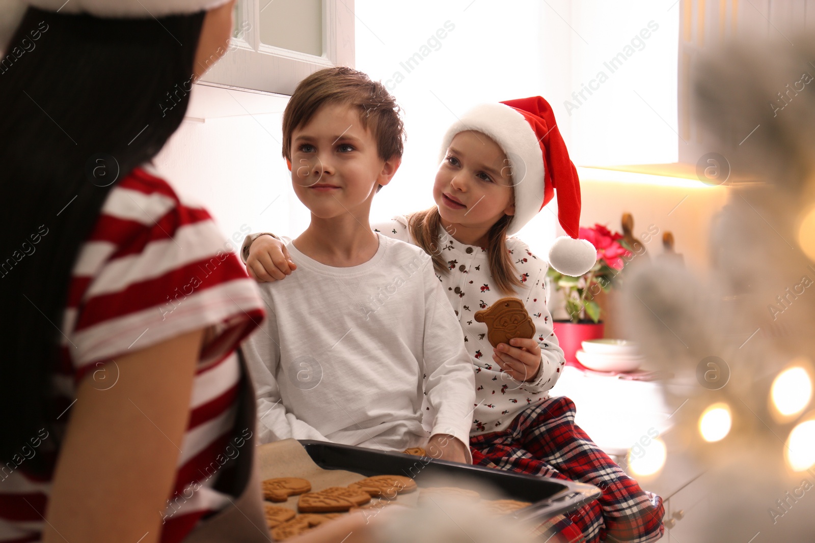 Photo of Mother giving her cute little children freshly baked Christmas cookies in kitchen