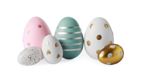 Many decorated Easter eggs isolated on white