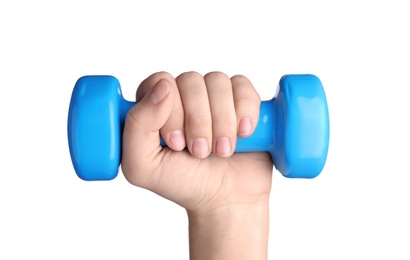 Woman holding vinyl dumbbell on white background, closeup