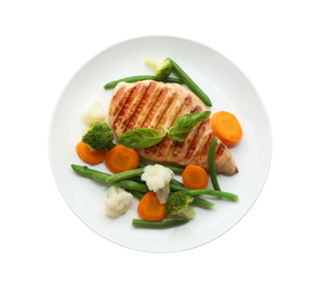 Tasty grilled chicken fillet with green basil and vegetables isolated on white, top view