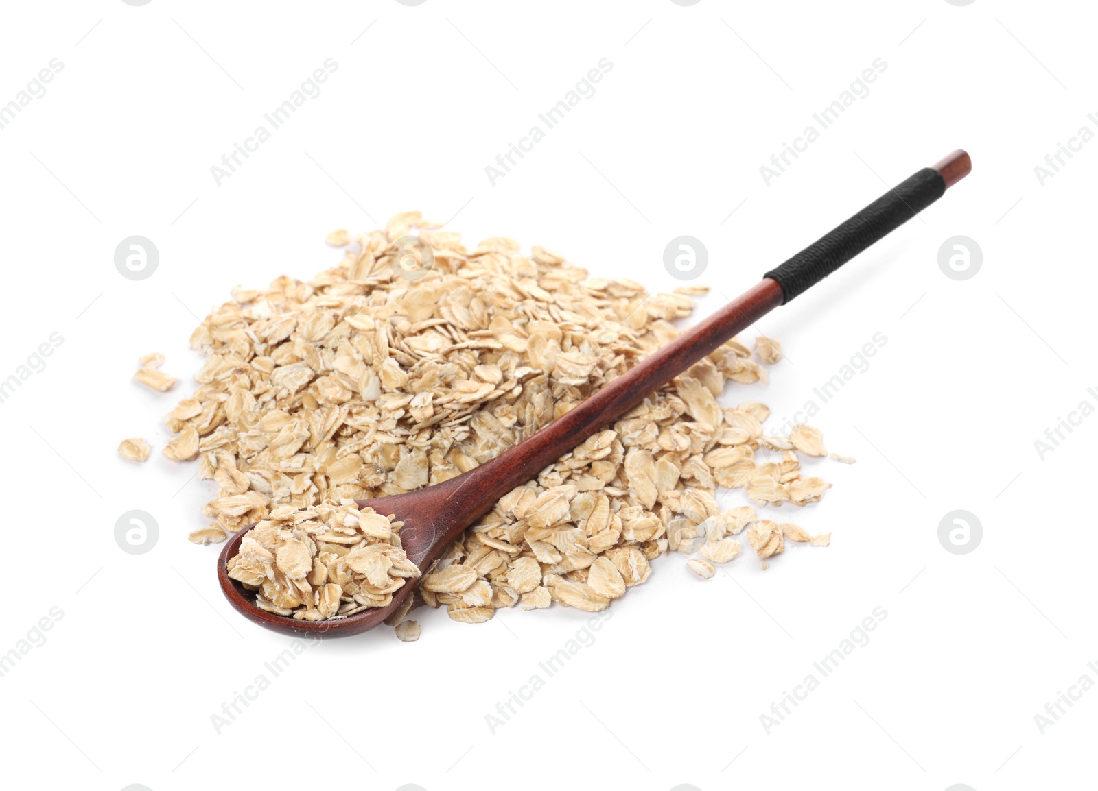 Photo of Wooden spoon with oatmeal isolated on white