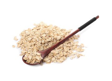 Photo of Wooden spoon with oatmeal isolated on white