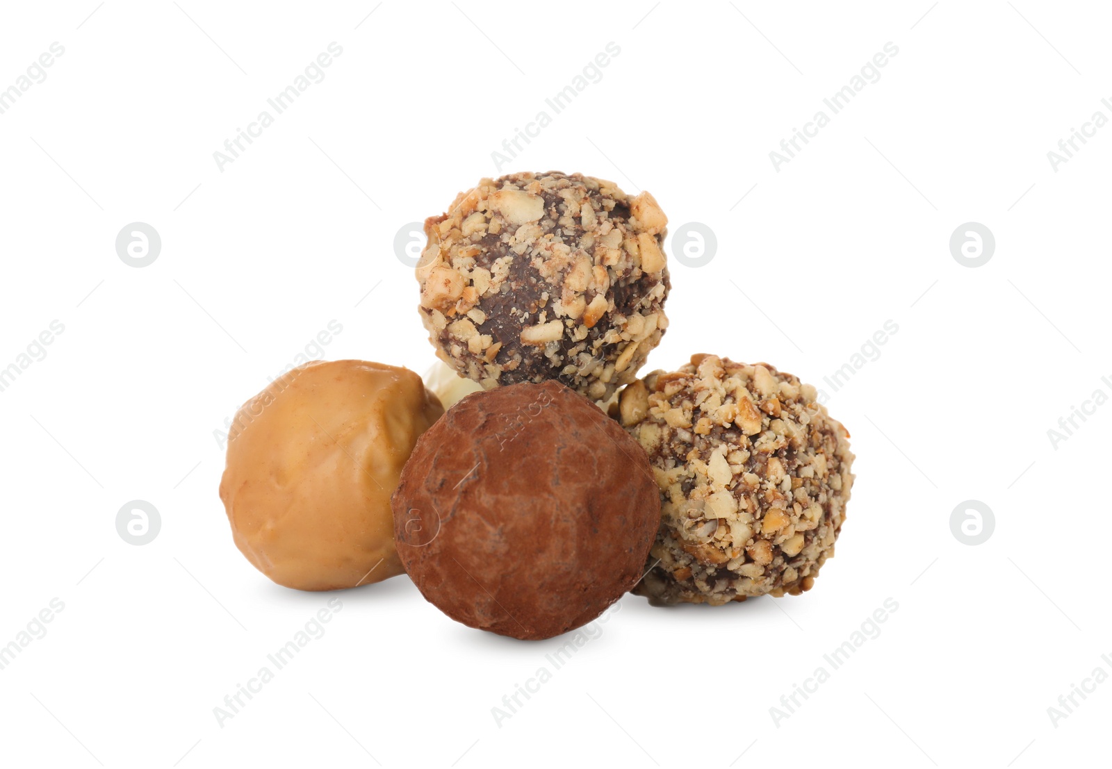 Photo of Different tasty chocolate candies isolated on white