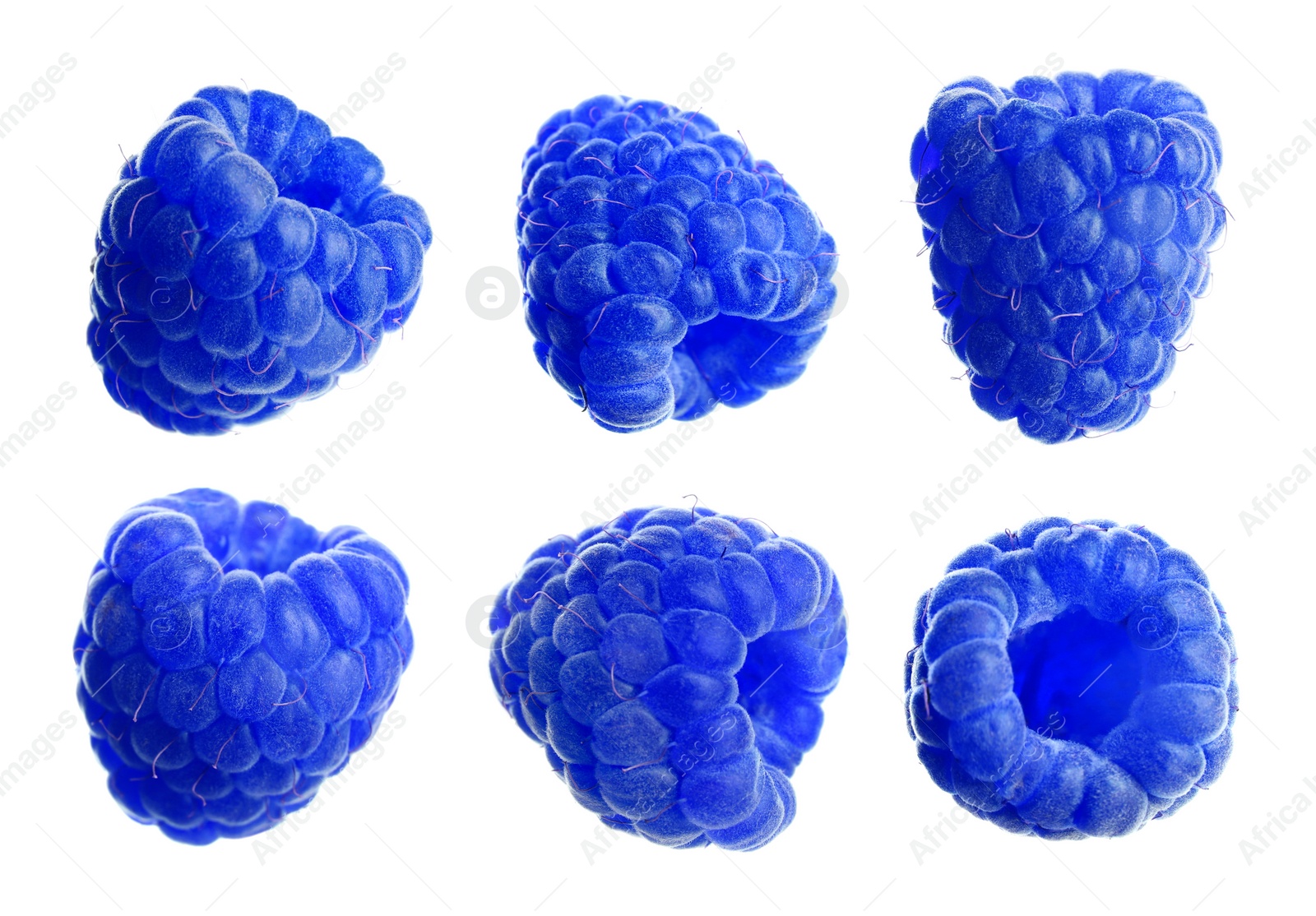 Image of Set of fresh blue raspberries on white background