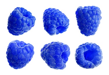 Set of fresh blue raspberries on white background