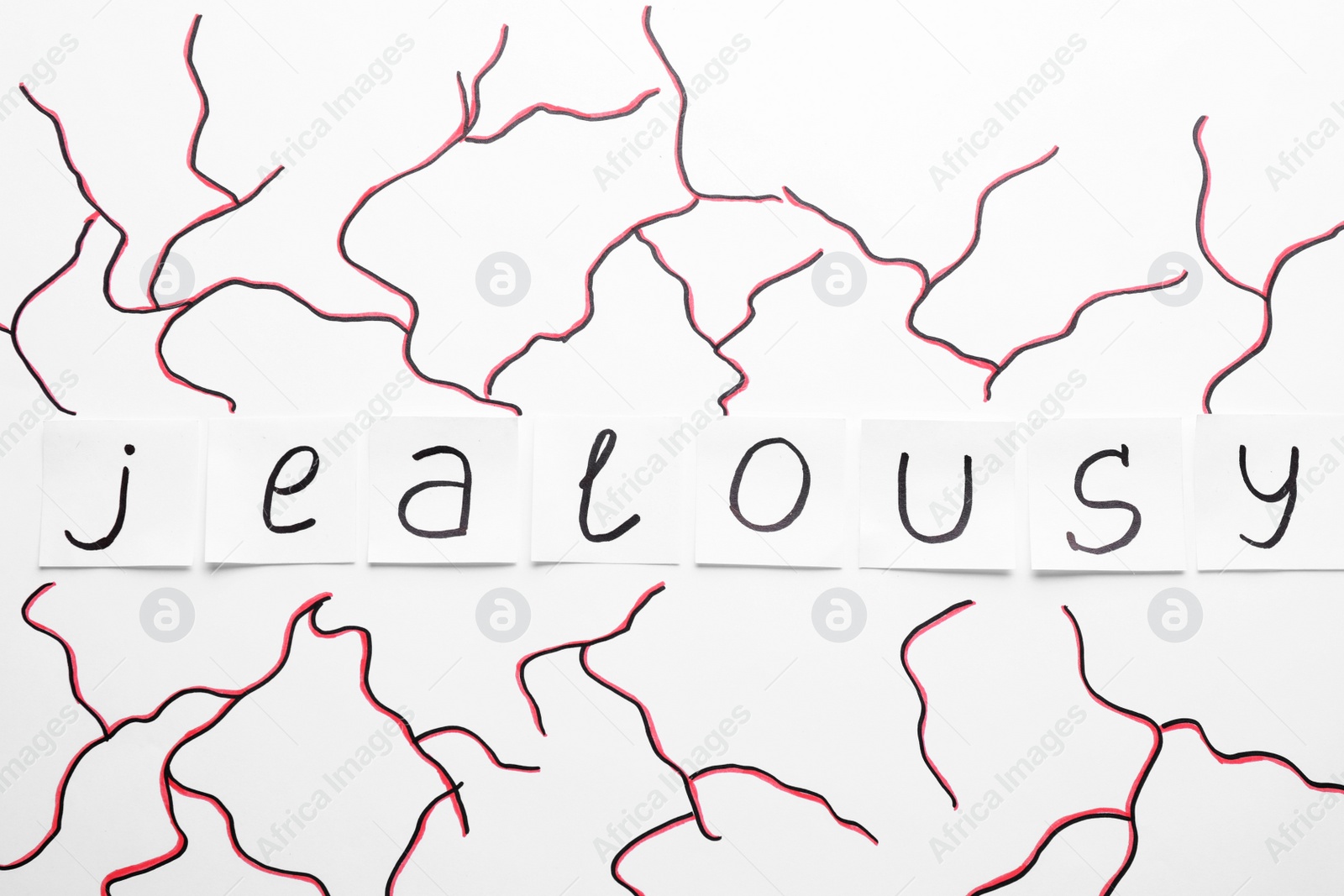 Photo of Word JEALOUSY made with paper notes on white background, flat lay