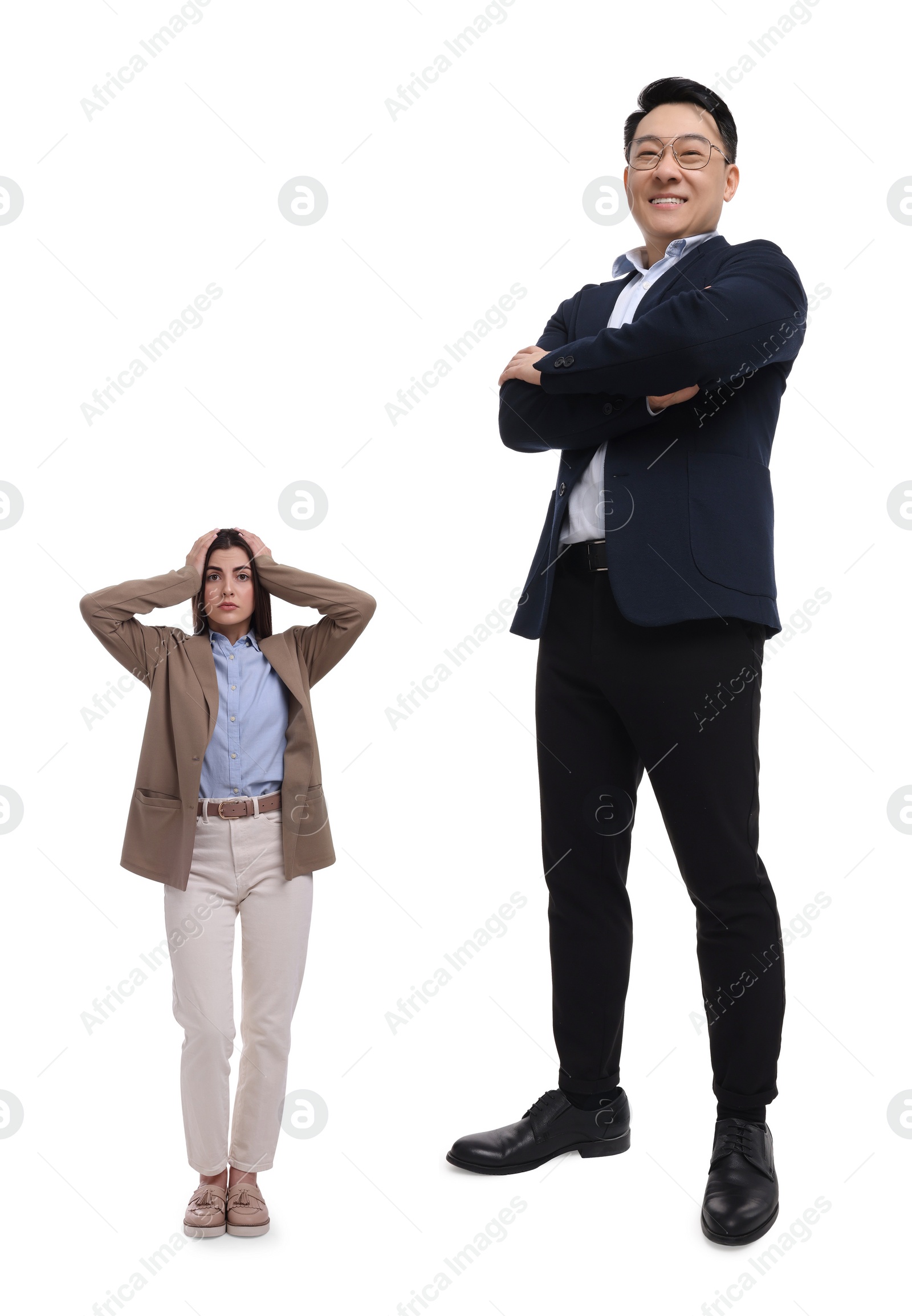 Image of Happy big man and shocked small woman on white background