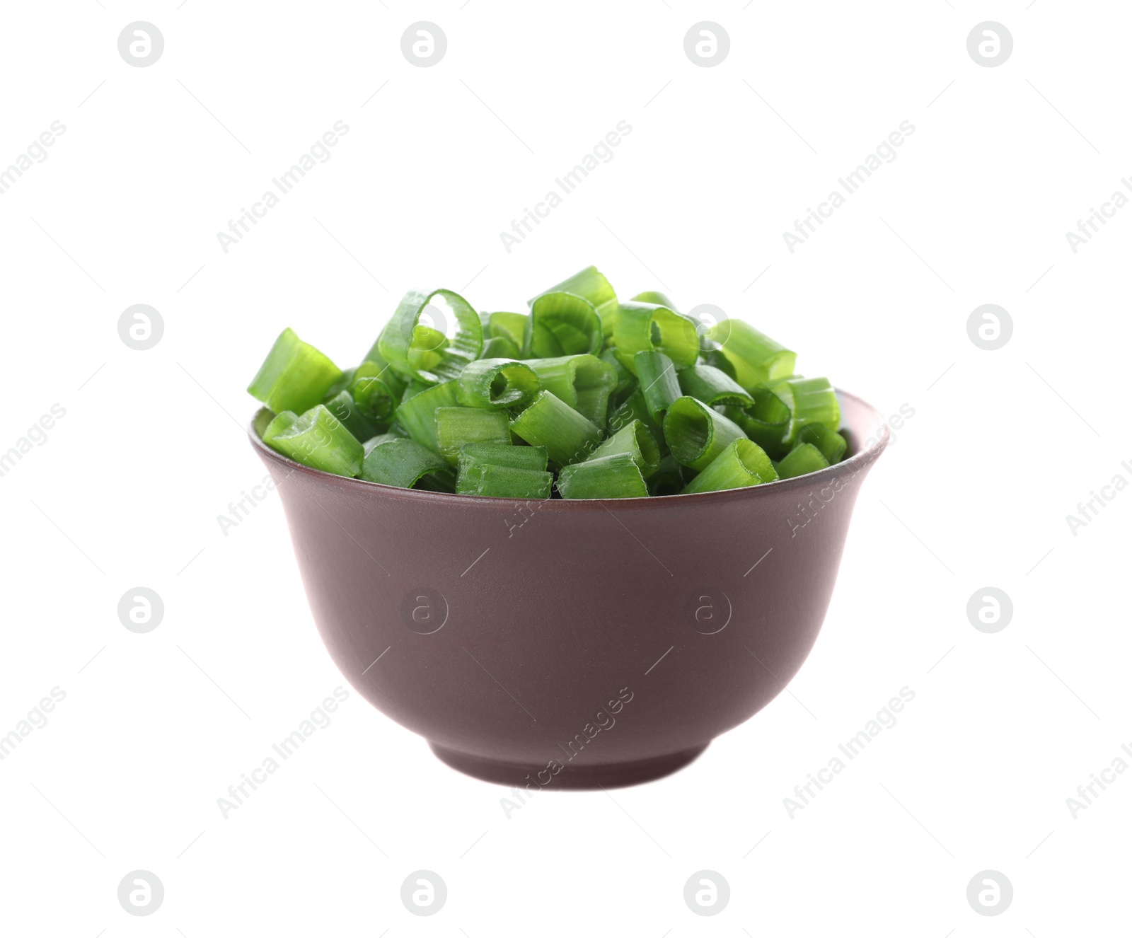 Photo of Bowl of cut green onion on white background