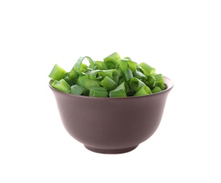 Photo of Bowl of cut green onion on white background