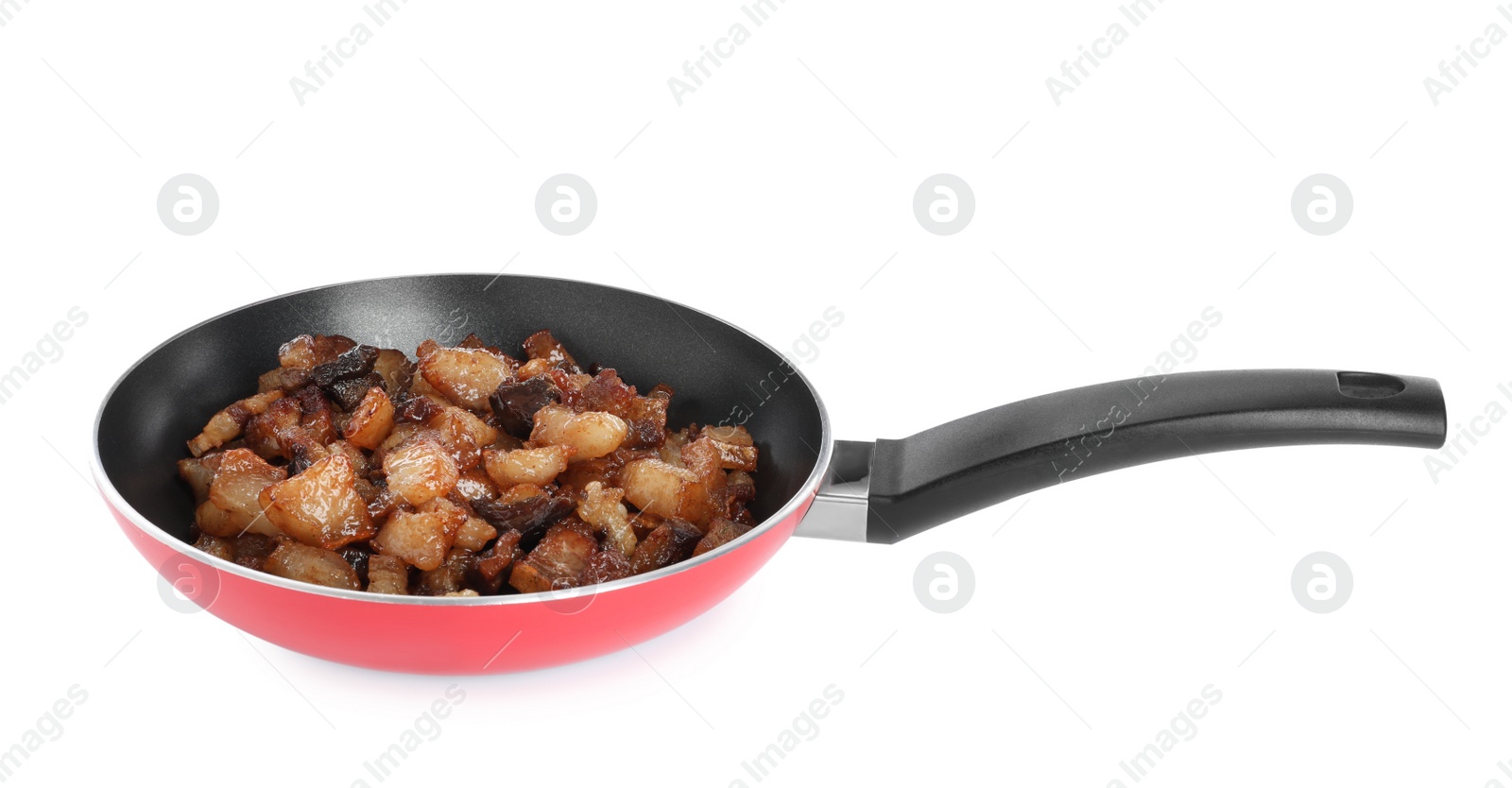 Photo of Tasty cracklings in frying pan isolated on white. Cooked pork lard