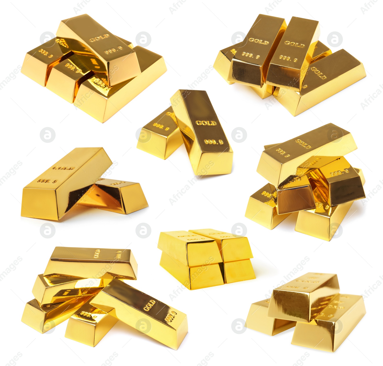 Image of Set of shiny gold bars on white background