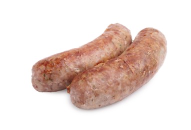 Photo of Two tasty homemade sausages isolated on white