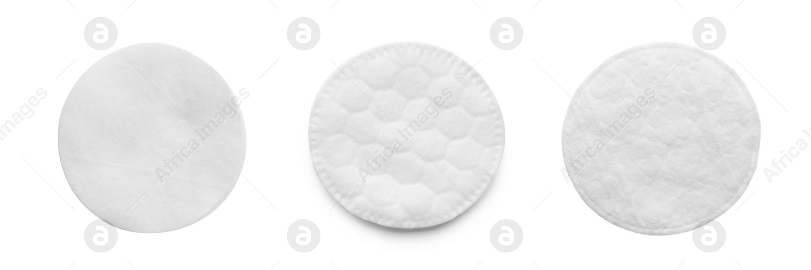 Image of Set with soft cotton pads on white background, top view. Banner design 