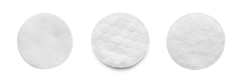 Image of Set with soft cotton pads on white background, top view. Banner design 