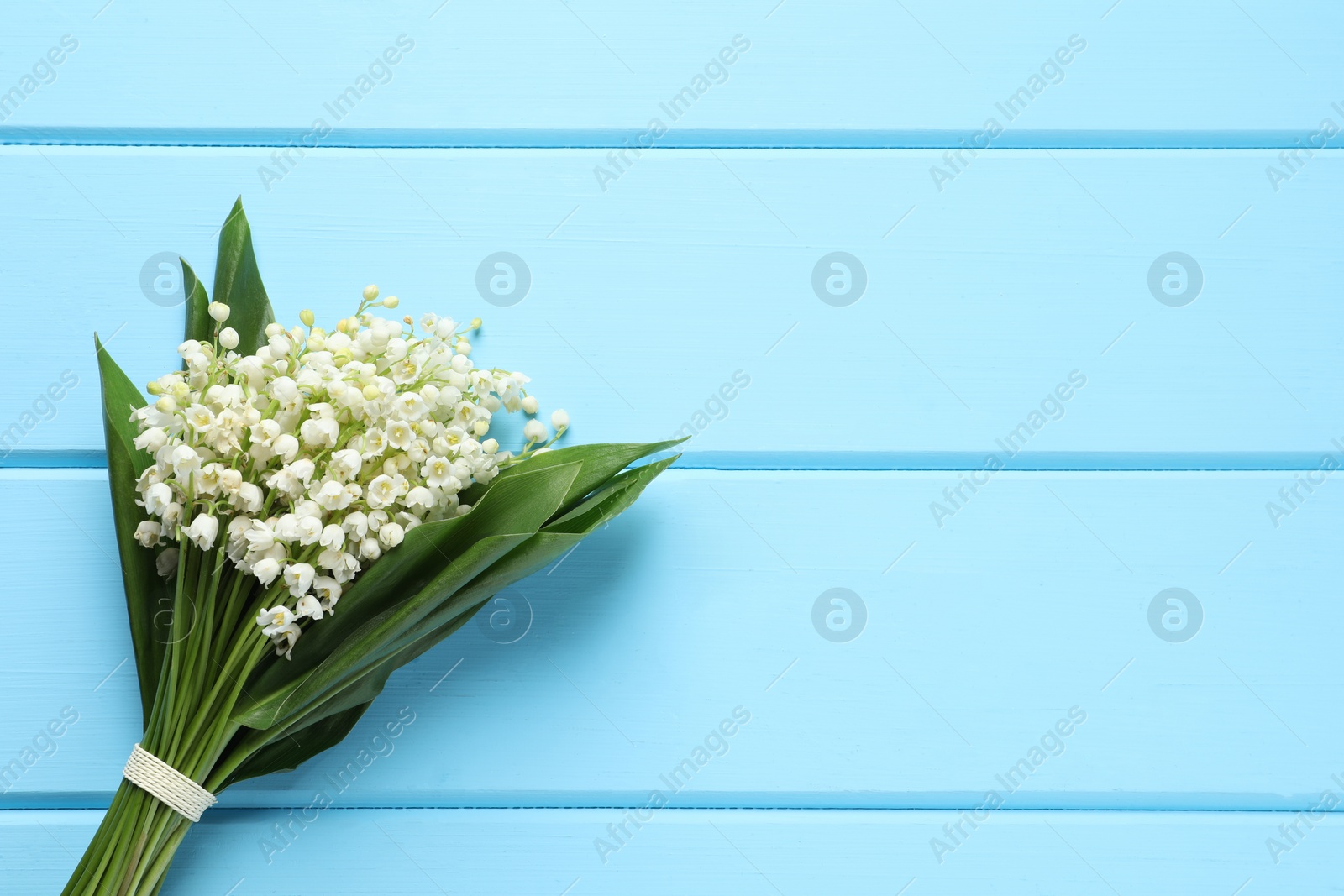 Photo of Beautiful lily of the valley bouquet on light blue wooden table, top view. Space for text