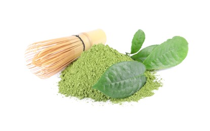 Photo of Pile of green matcha powder, leaves and bamboo whisk isolated on white