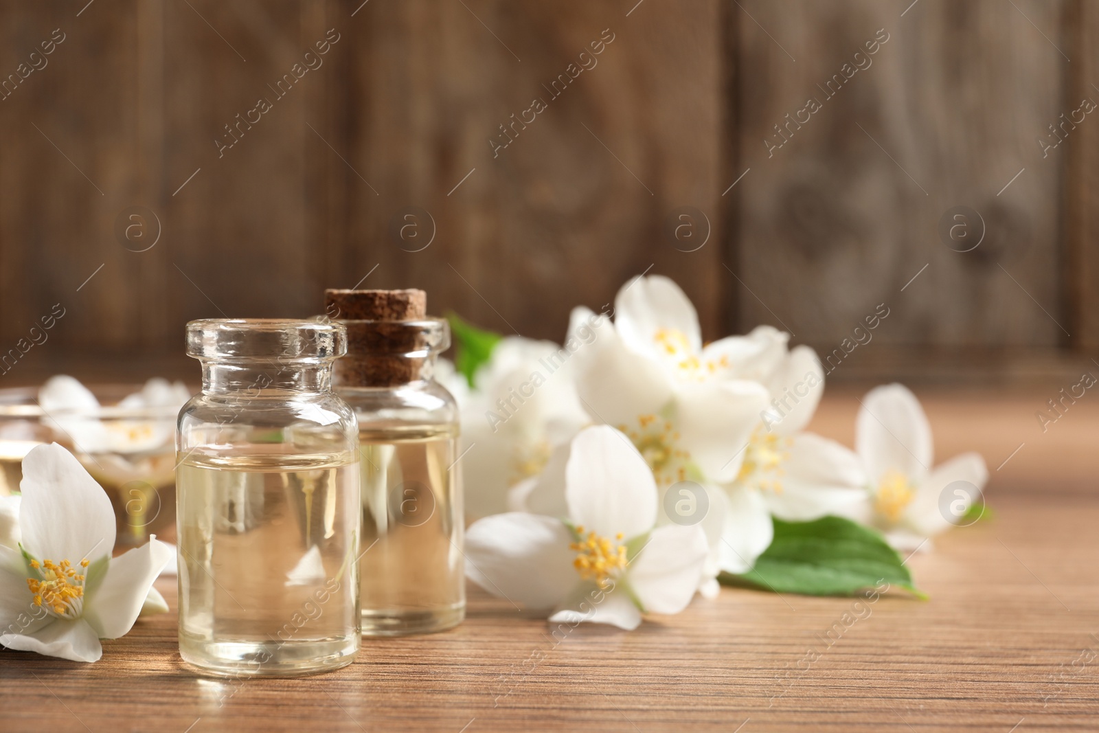 Photo of Jasmine essential oil and fresh flowers on wooden table, space for text